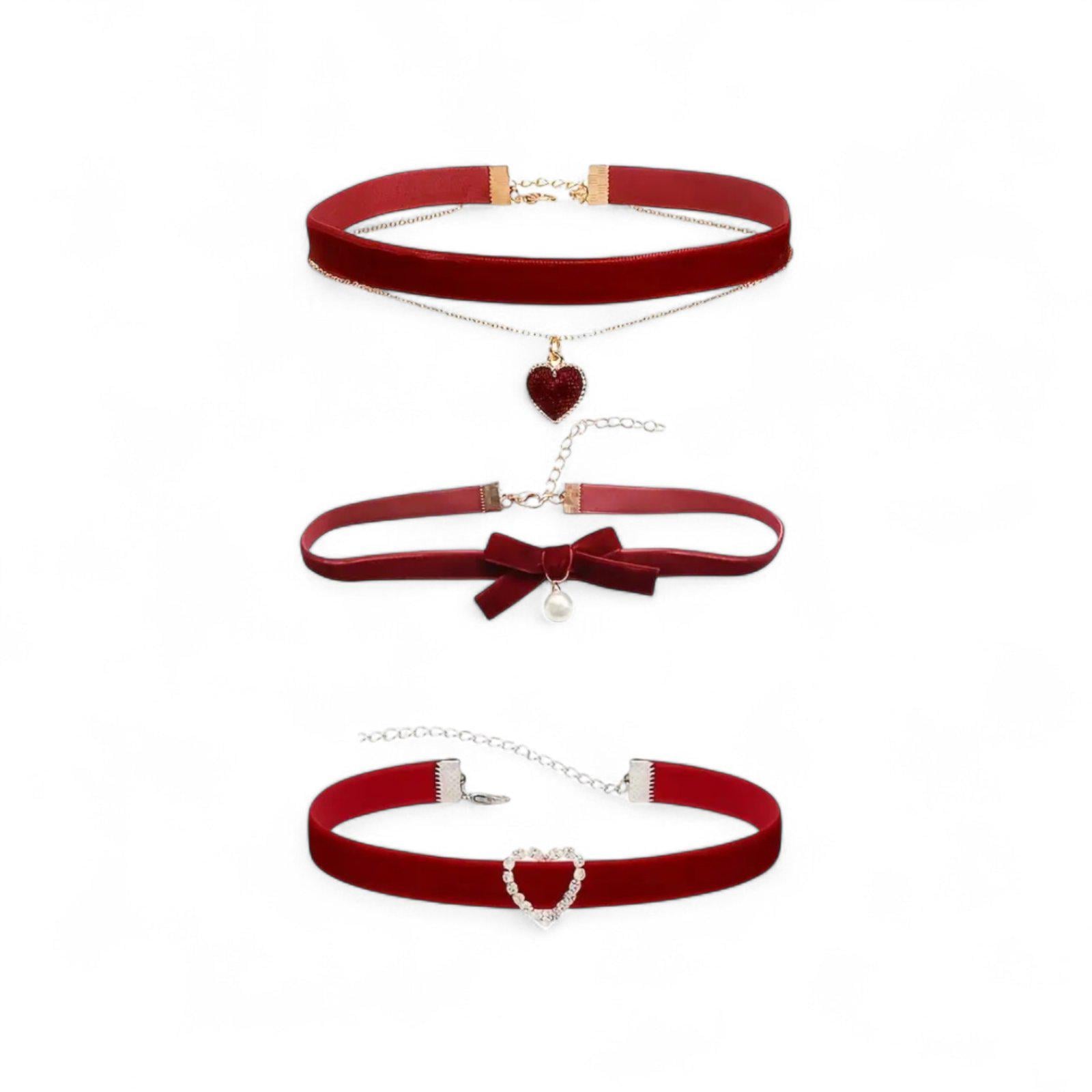 Набор чокеров женских Сердце/Бант бархат 3 шт. Красный (33066194)