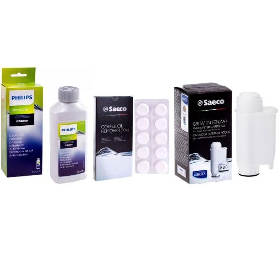 Набір для обслуговування кавомашин Saeco/Philips фільтр для води Brita Intenza/рідина від накипу 250 мл/таблетки від кавових масел та жирів (10262017)
