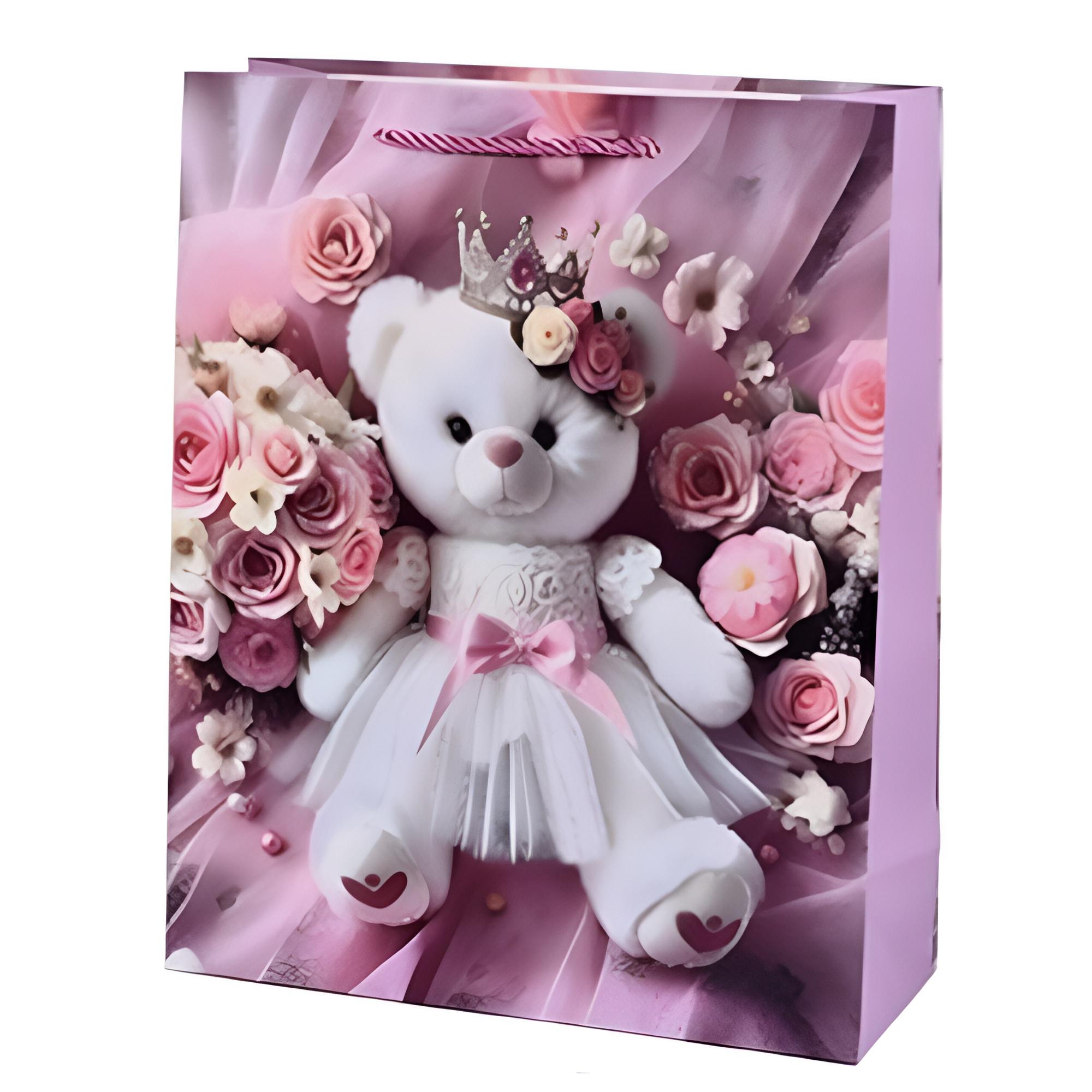 Подарунковий пакет з ручками Stenson Teddy Ведмедик 26х32х12 см Рожево-фіолетовий (R98406-M)