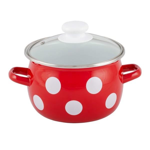 Кастрюля эмалированная Белый горох со стеклянной крышкой 5,0 л Красный (11592)