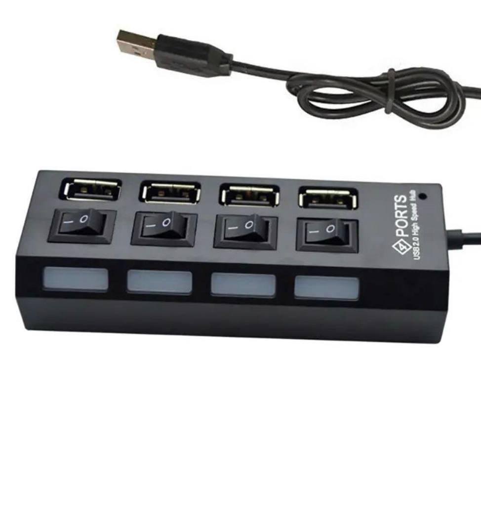 USB-хаб на 4 порти з вимикачами та підсвічуванням з кабелями для передачі даних
