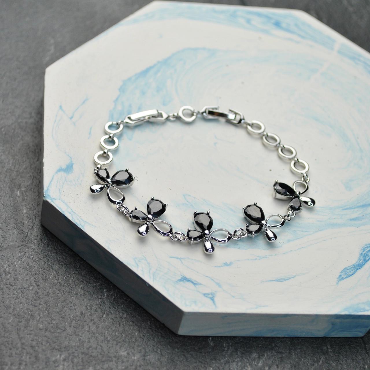 Браслет Цветы медицинская сталь родий Черный (x067)