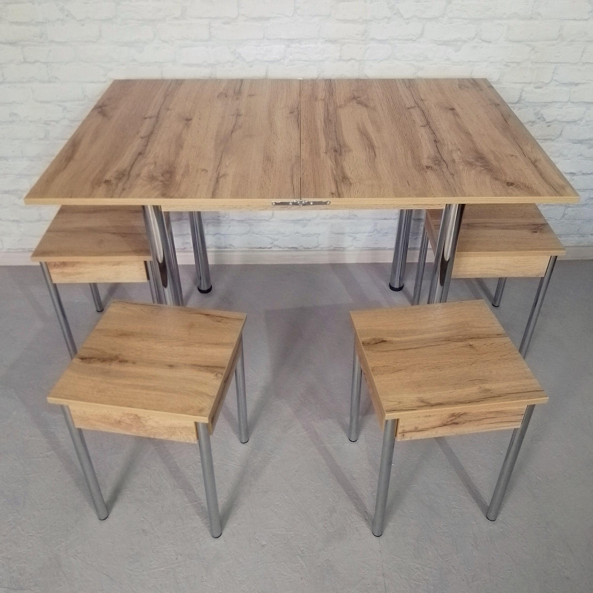 Обеденный стол раскладной и 4 табурета Вента ножки металлические 80х60х75 см/120х80х75 см Дуб аппалачи/Хром (0043) - фото 2 Обеденный стол раскладной и 4 табурета Вента ножки металлические 80х60х75 см/120х80х75 см Дуб аппалачи/Хром (0043) - фото 2