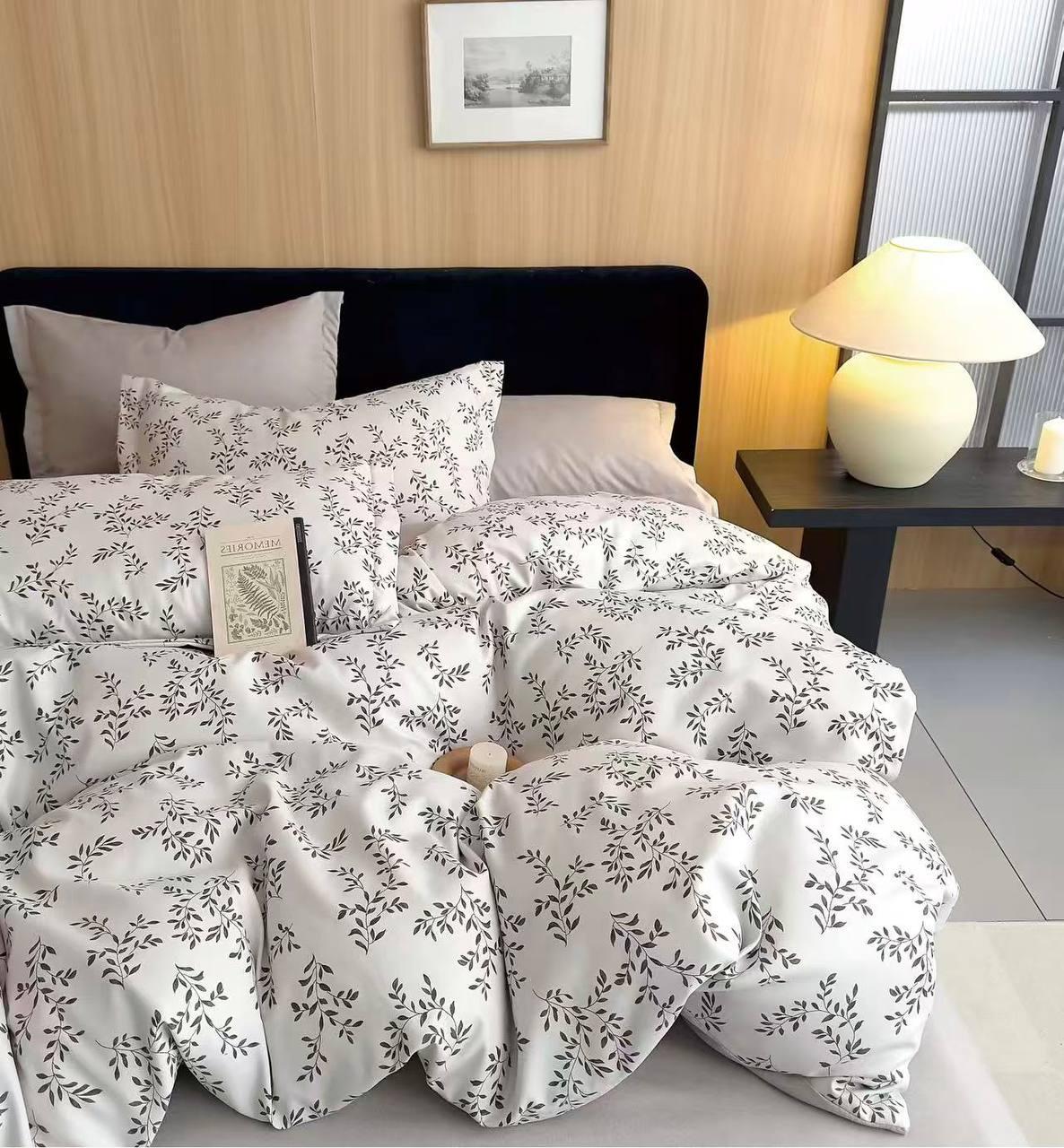 Комплект постельного белья Діма Веточки хлопок с двумя пододеяльниками семейный Белый (2916710905)