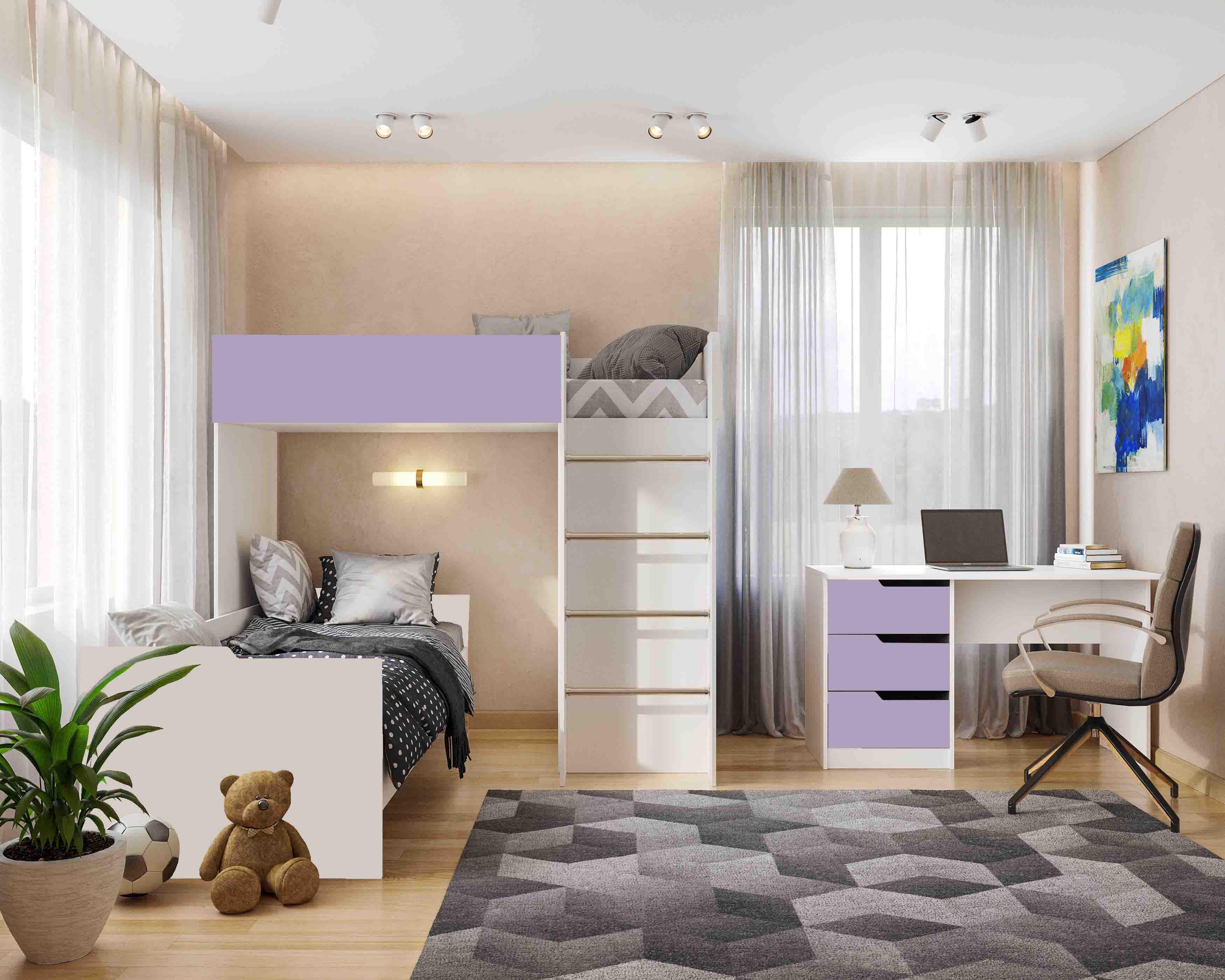 Комплект для детской BED-ROOM 3 две кровати/шкаф и письменный стол 1940x1020x1690 мм Белый/Лаванда