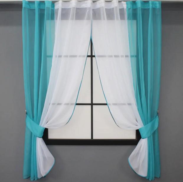 Комплект штор на кухню/балкон шифон 265х170 см Лазурный/Белый (017к)