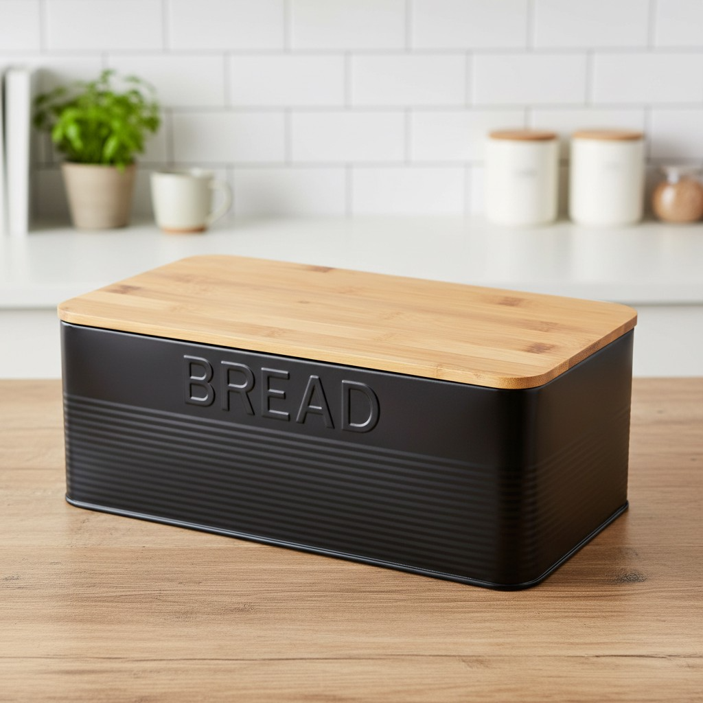 Хлебница металлическая прямоугольная крышка из бамбука 33х18х12 см Черный (AR0912BB1)