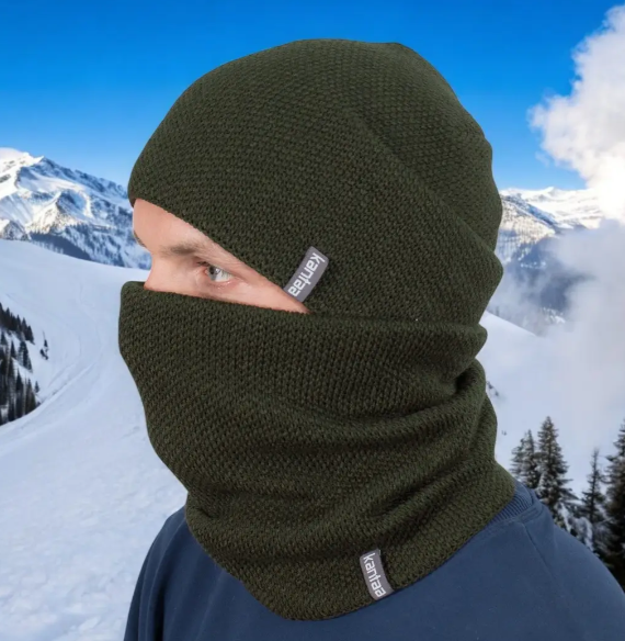 Комплект зимняя мужская шапка с хомутом на флисе Хаки (29548379) - фото 1