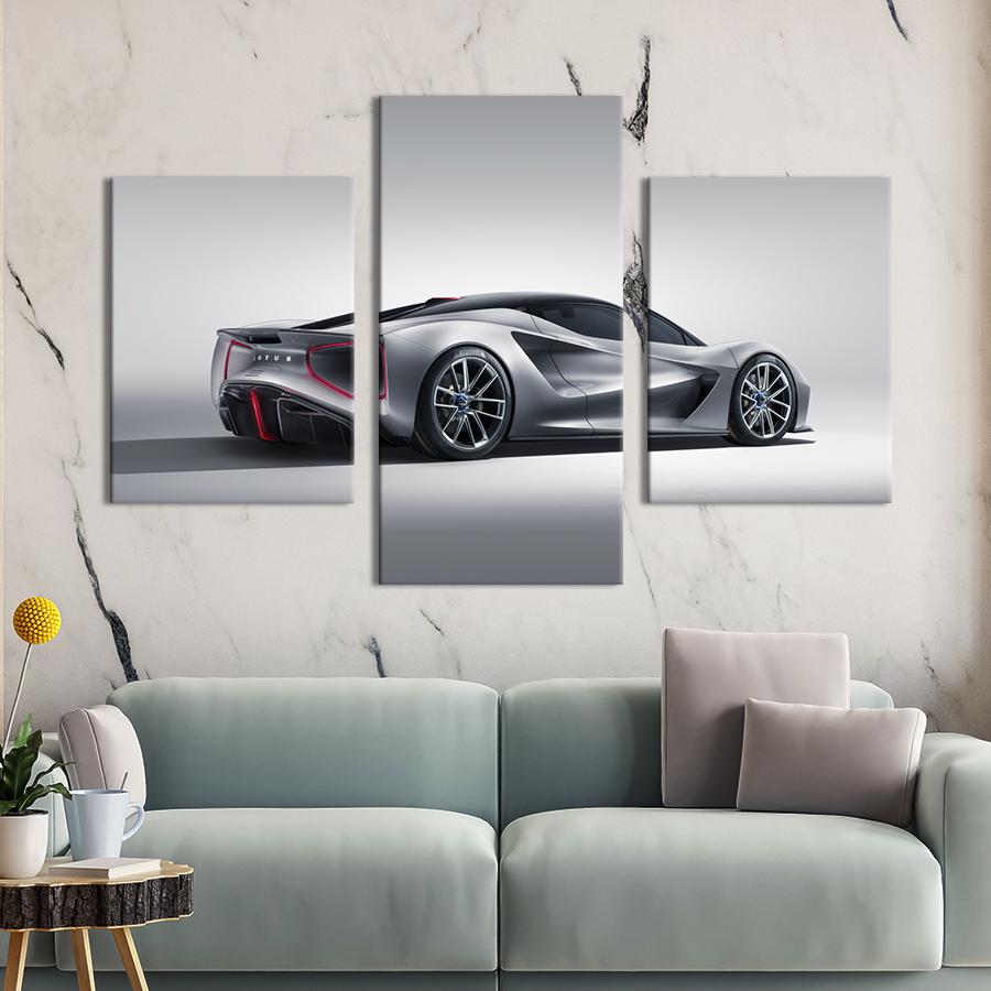 Картина на холсте триптих Серебристый спорткар Lotus Emira 96x60 см (1348-32)