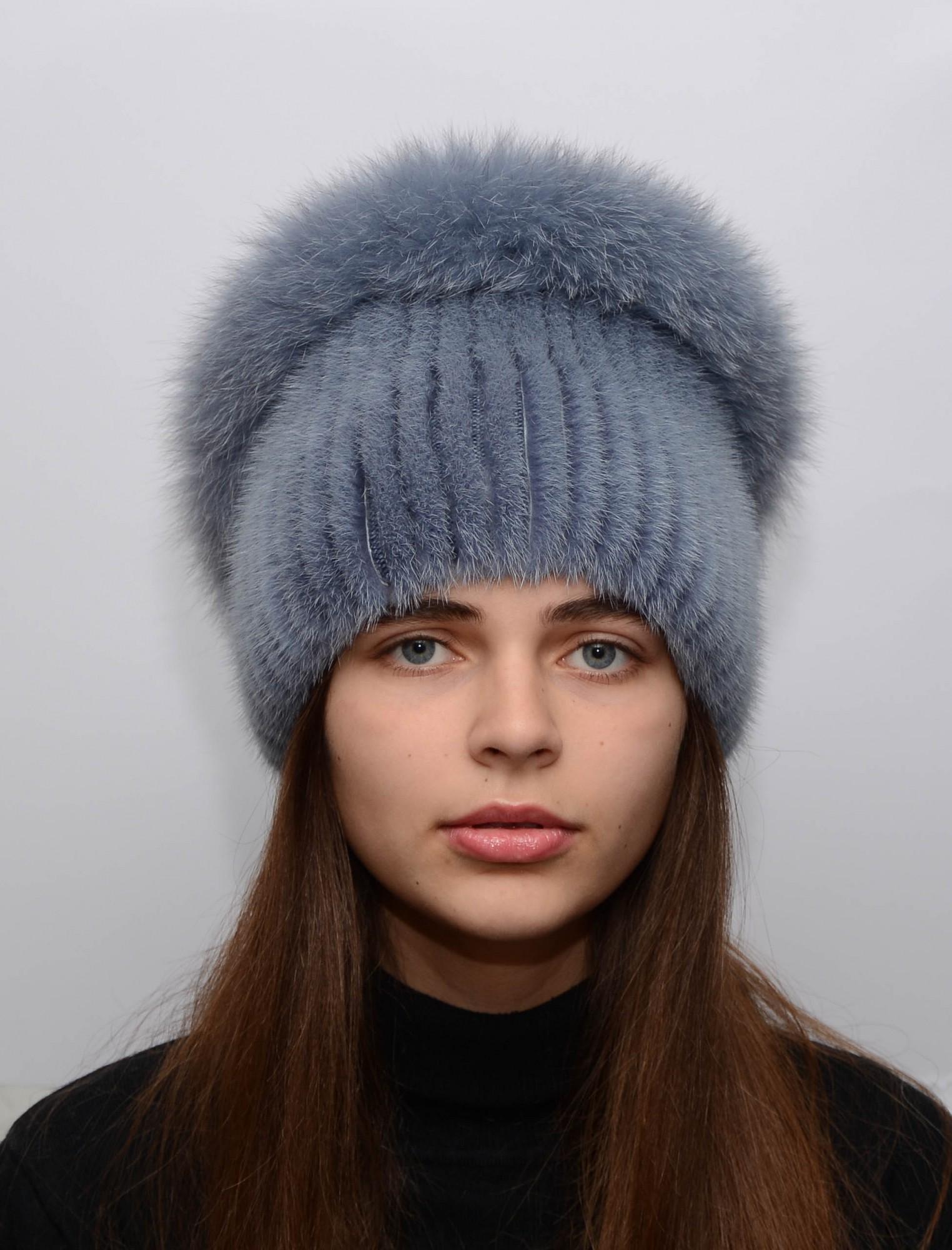 Жіноча в'язана норкова шапка Меховой стиль Калач натуральне хутро M-L Джинс (122)