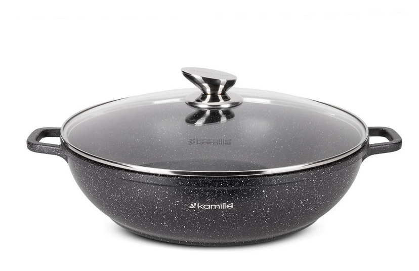 Кастрюля-вок со стеклянной крышкой и антипригарным покрытием Kamille КМ-4486 из литого алюминия 5,5 л Черный мрамор (150-84-4486) Кастрюля-вок со стеклянной крышкой и антипригарным покрытием Kamille КМ-4486 из литого алюминия 5,5 л Черный мрамор (150-84-4486)