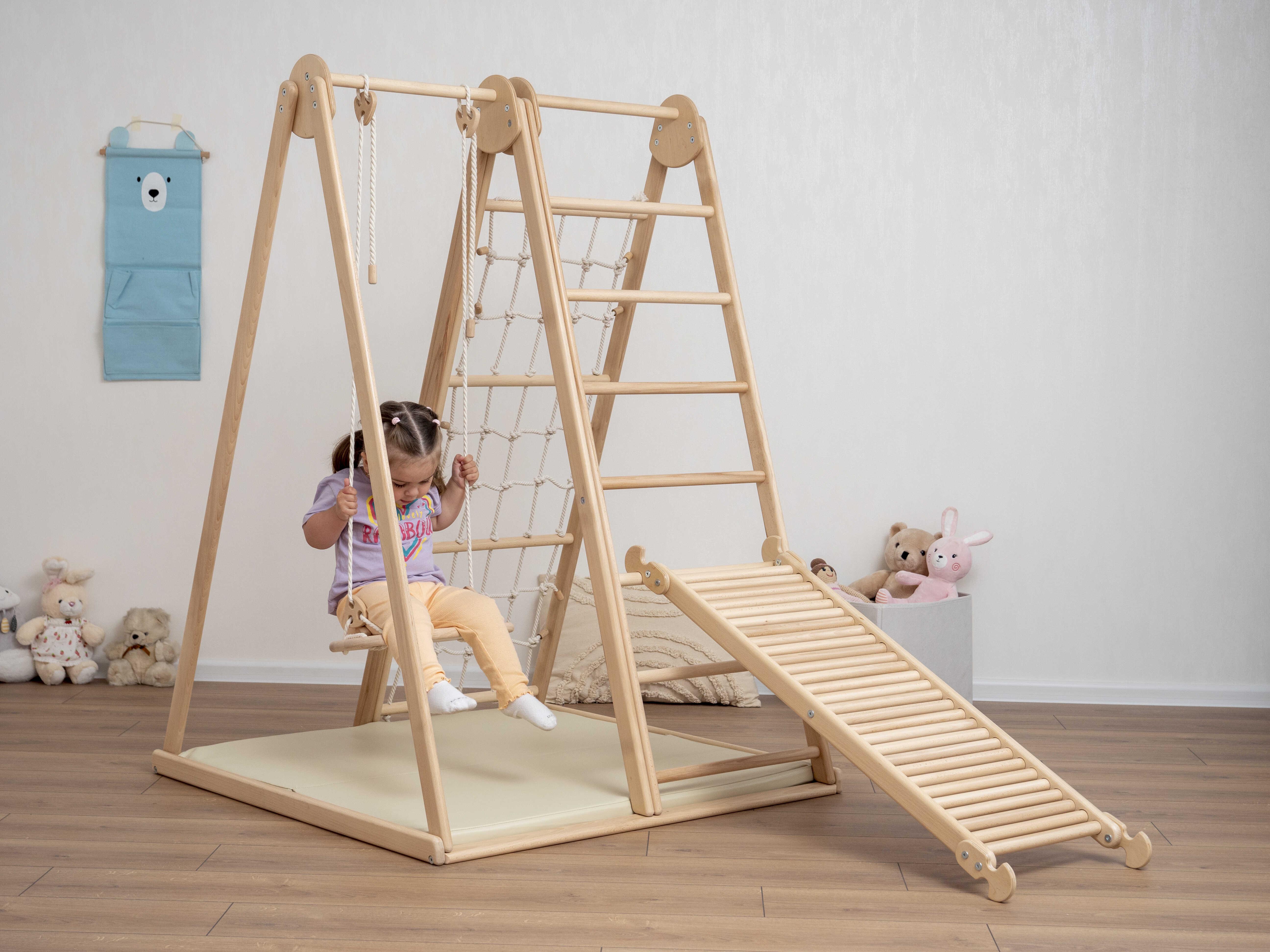 Комплекс трикутний великий Woodandhearts масажна гірка/гойдалка/двосторонній мат Натуральне дерево (AAMZ001)