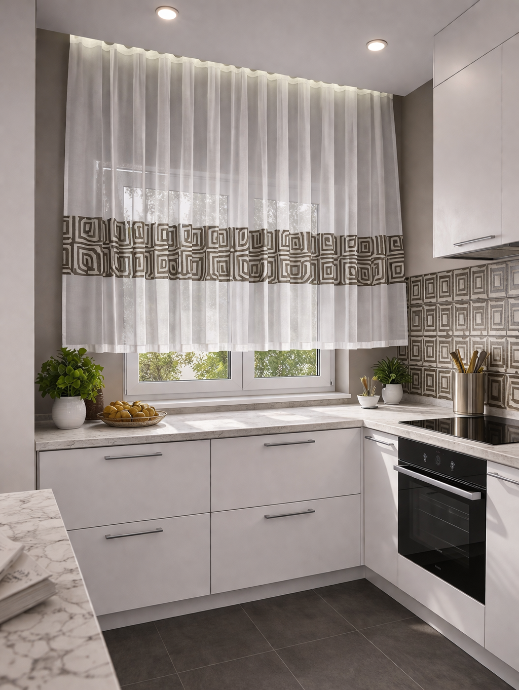 Тюль короткий льняной 4х1,60 м Белый/Серо-бежевый