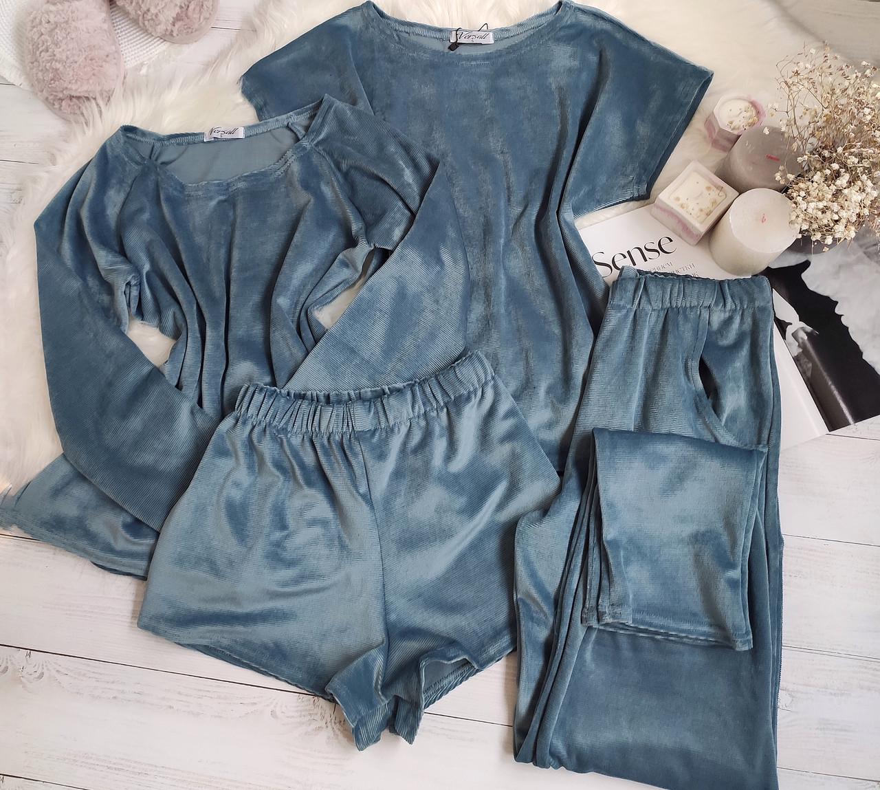 Пижама женская четверка кофта/штаны/майка/шорты из велюра L Джинсовый (6666 L jeans) - фото 2