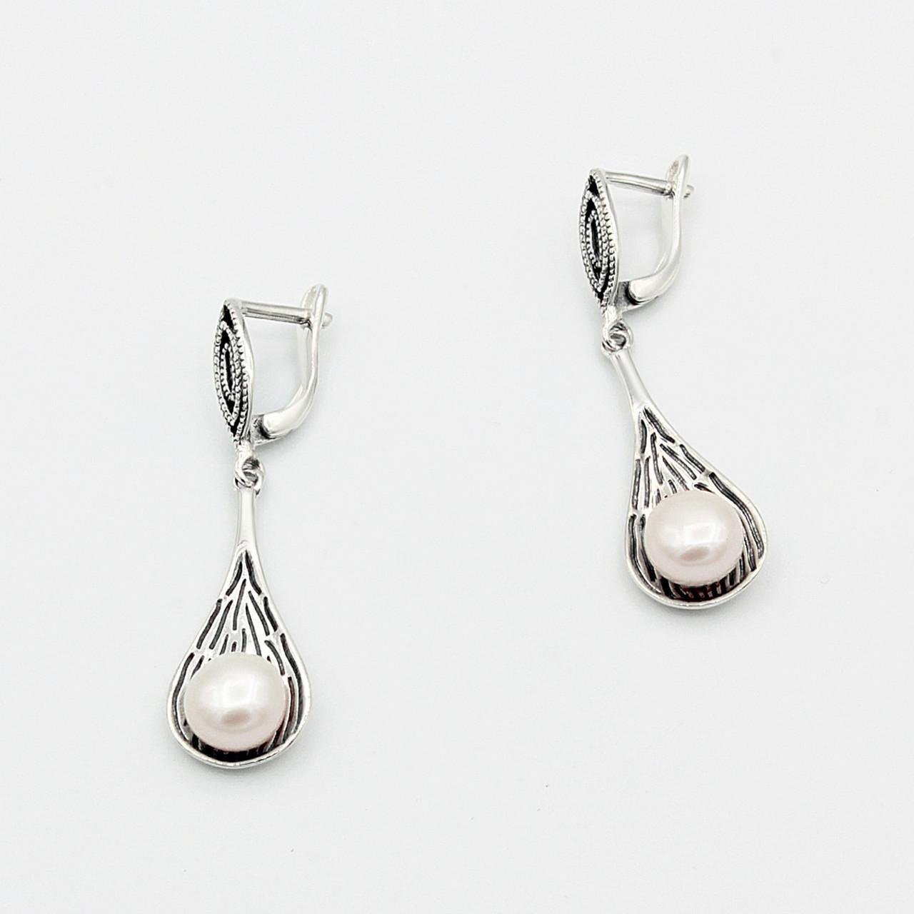 Серебряные серьги с жемчугом Авокадо