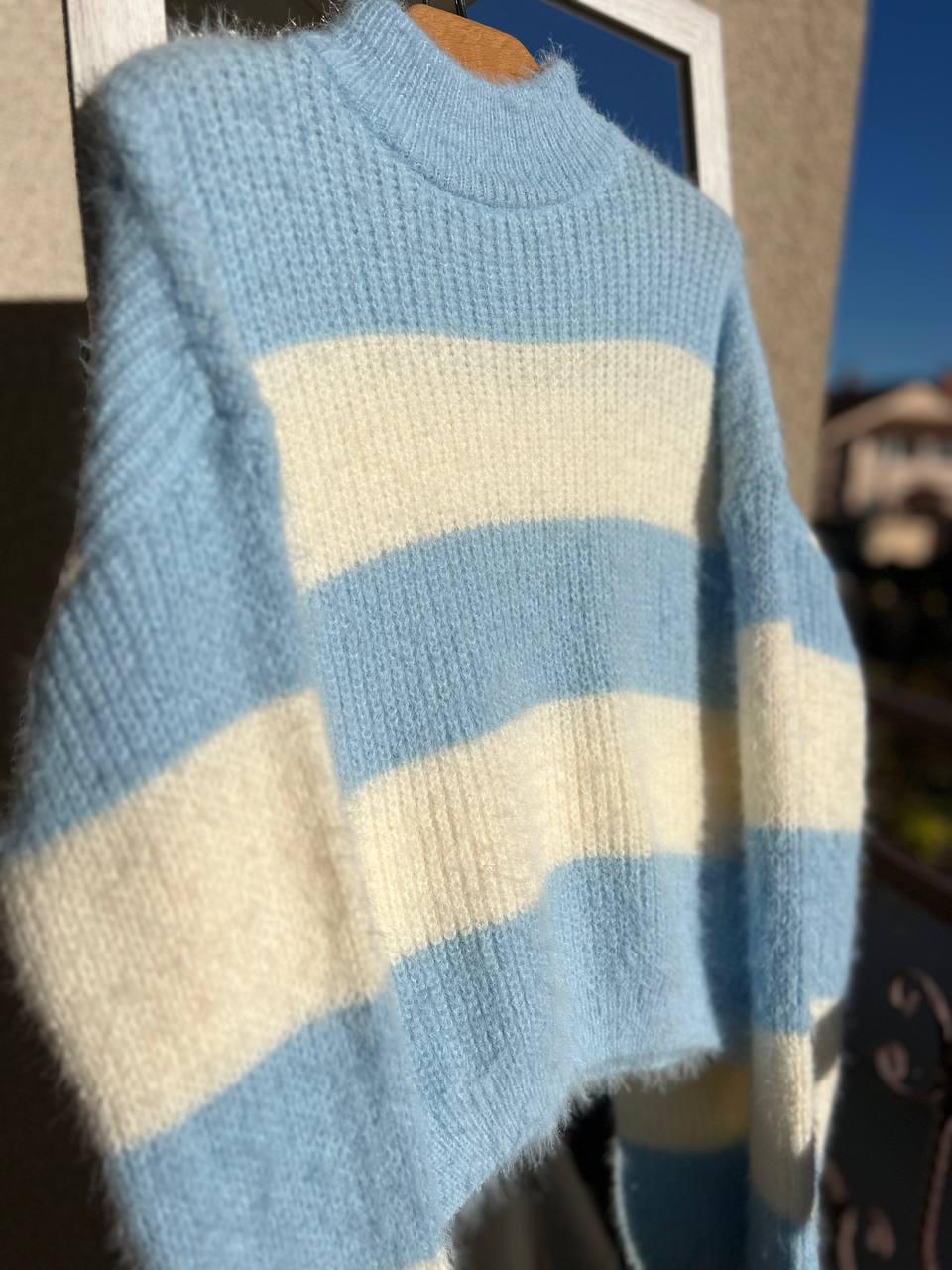 Светр жіночий A-N 2157 широка смуга короткий пухнастий ангора р. 42-46 Блакитний (3056) - фото 8