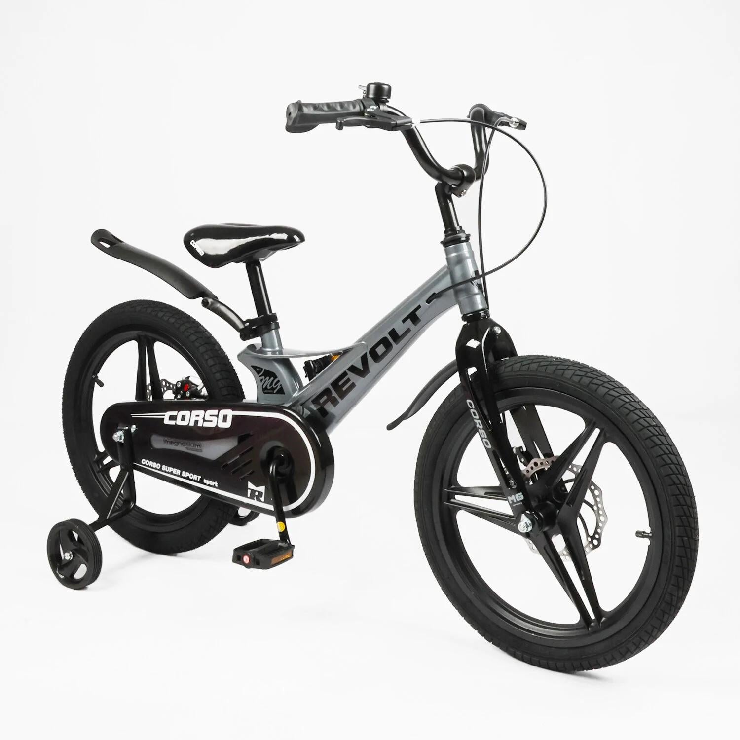 Детский велосипед Corso Revolt двухколесный 18" с дополнительными колесами Серый (RV-18720)