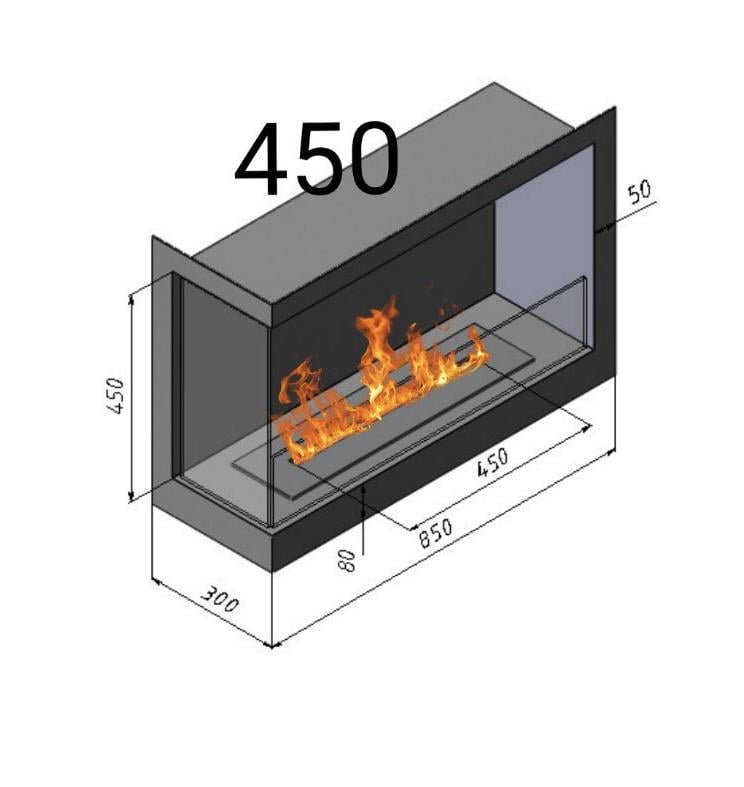 Біокамін вбудований кутовий лівий 850 мм класичний з пальником та захисним склом лінія вогню 450 мм Чорний (11404914) - фото 12