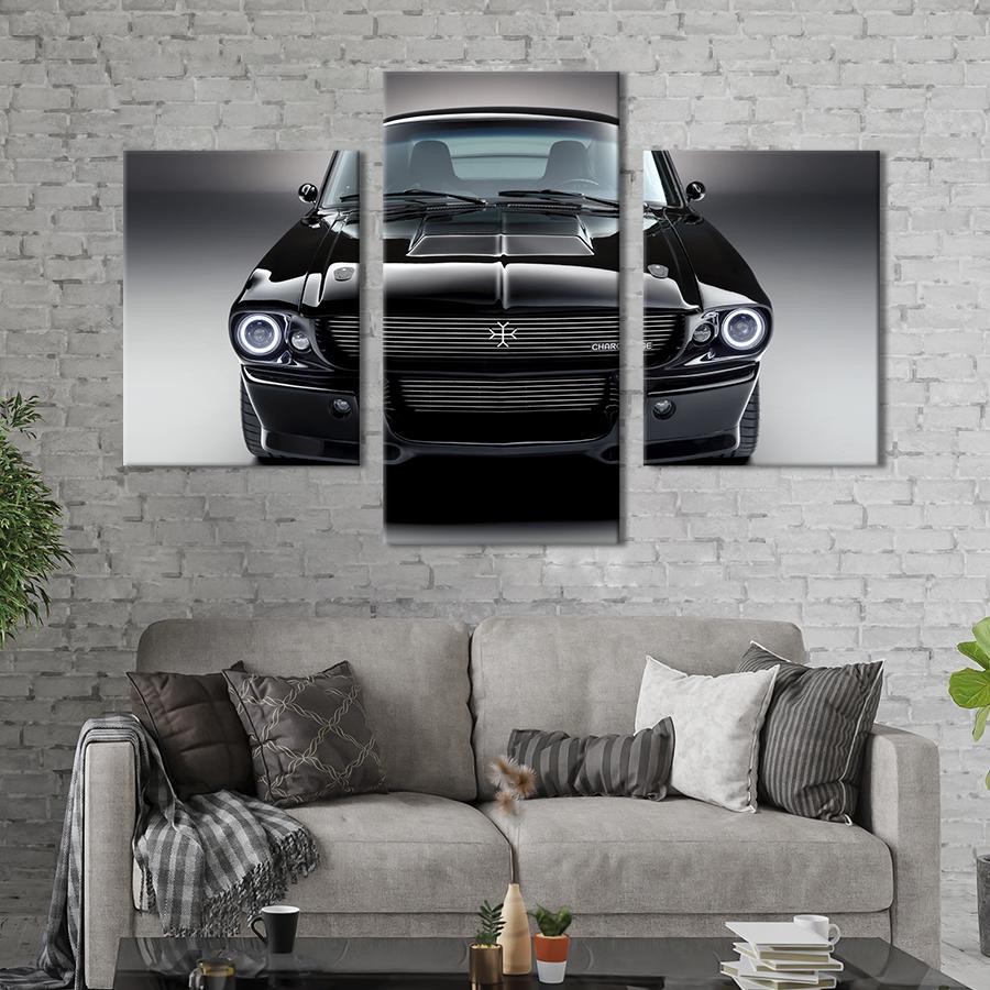 Картина на холсте триптих Роскошный чёрный Ford Mustang 1967 66x40 см (1243-32)