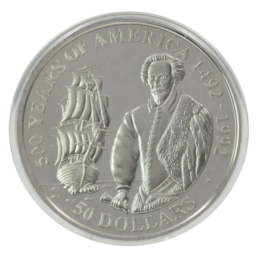 Коллекционная монета Острова Кука 50 долларов 1990 серебро Proof 500 лет Открытию Америки-Уолтер Рели (М22598)