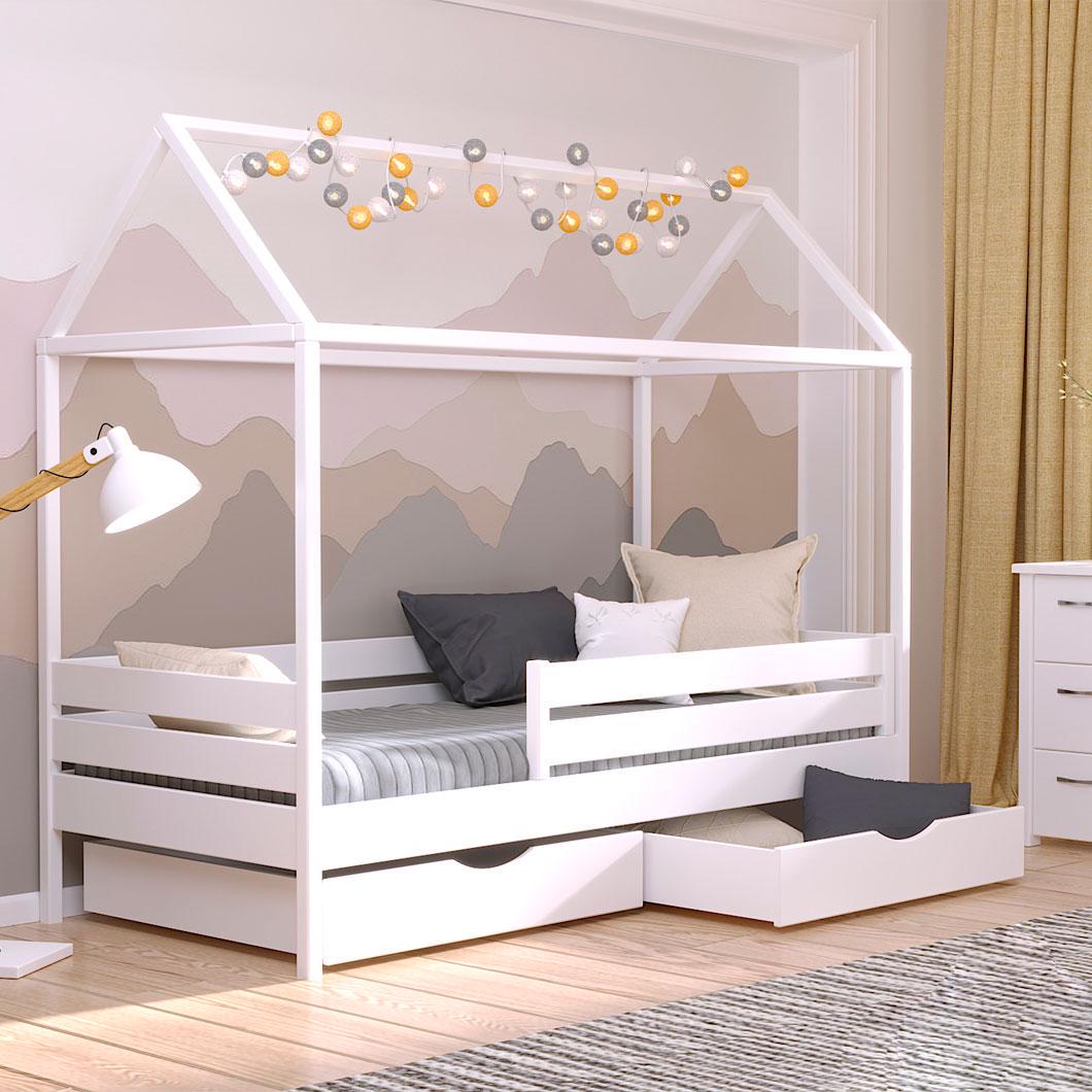 Кровать деревянная детская АММИ с ящиками и защитным бортиком 200х90 см Белый