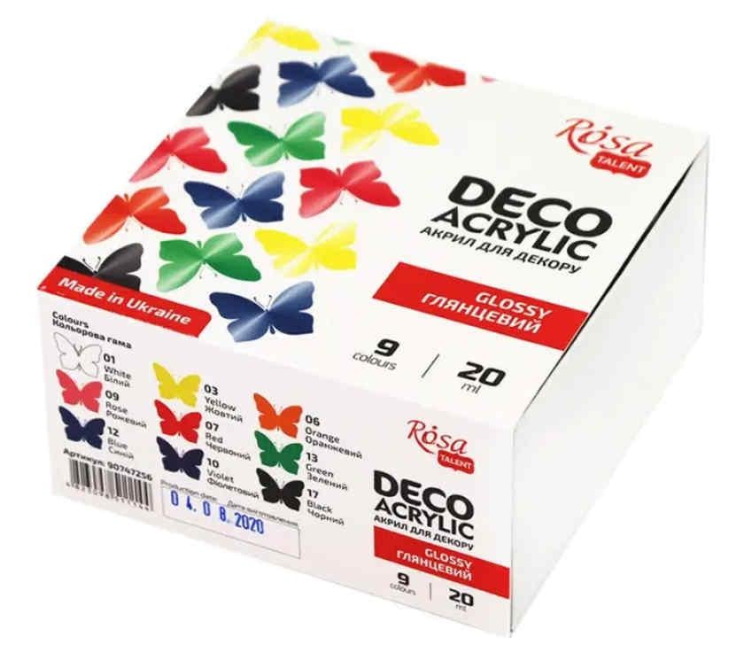 Набор акриловых красок ROSA Talent для глянцевого декорирования 9 цветов по 20 мл