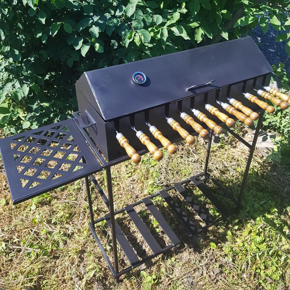Мангал садовый автоматический на 10 шампуров с решеткой крышкой-гриль термометром и подставкой 90х32х85 см