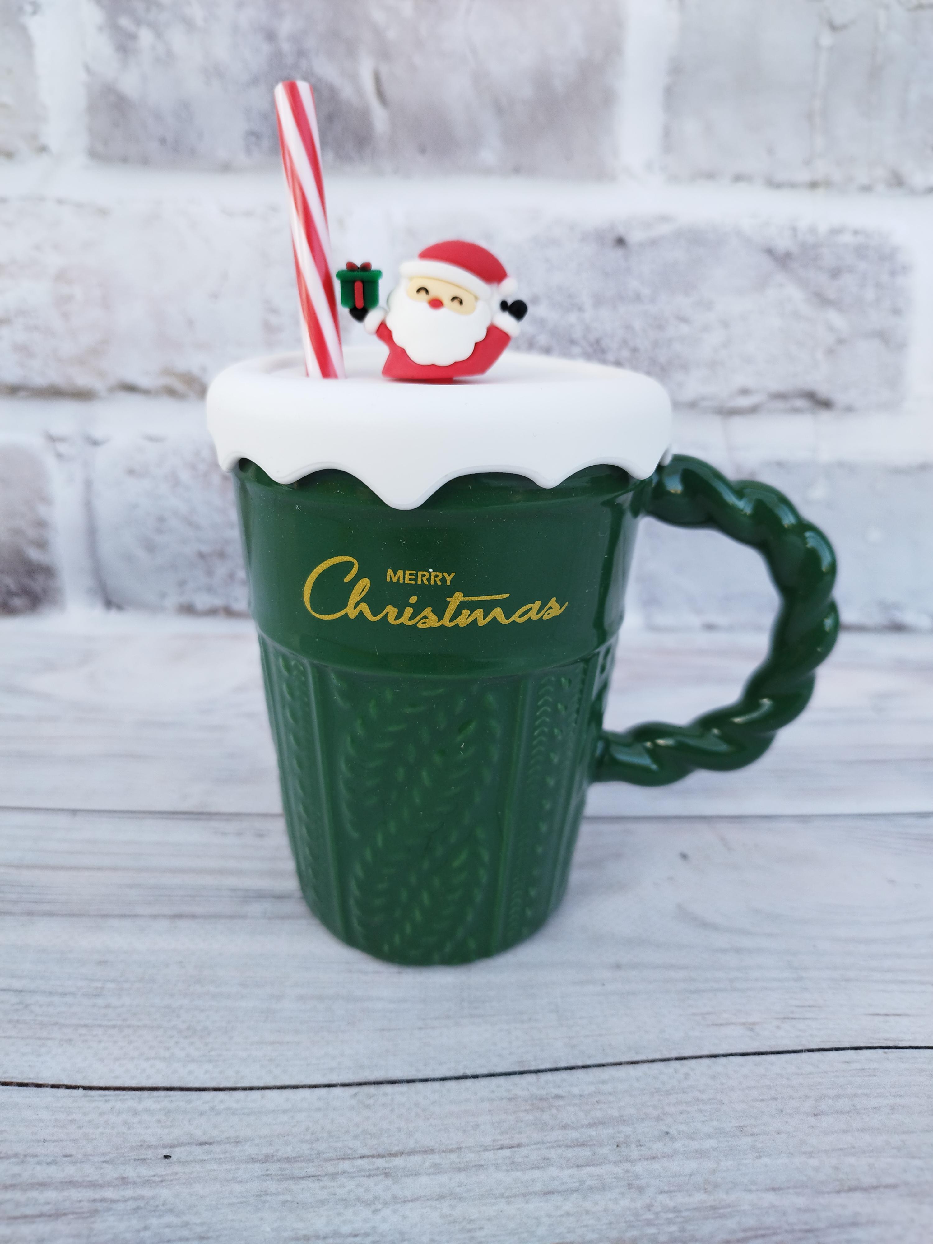 Чашка новогодняя Olens Рождественский свитер керамика с крышкой и трубочкой 360 мл (102-1061-1)