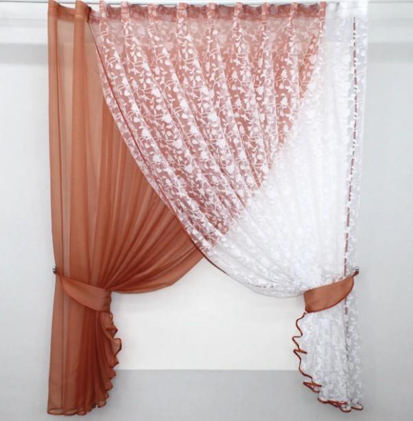 Комплект штор на кухню 315х170 см Терракотовый/Белый (101к)