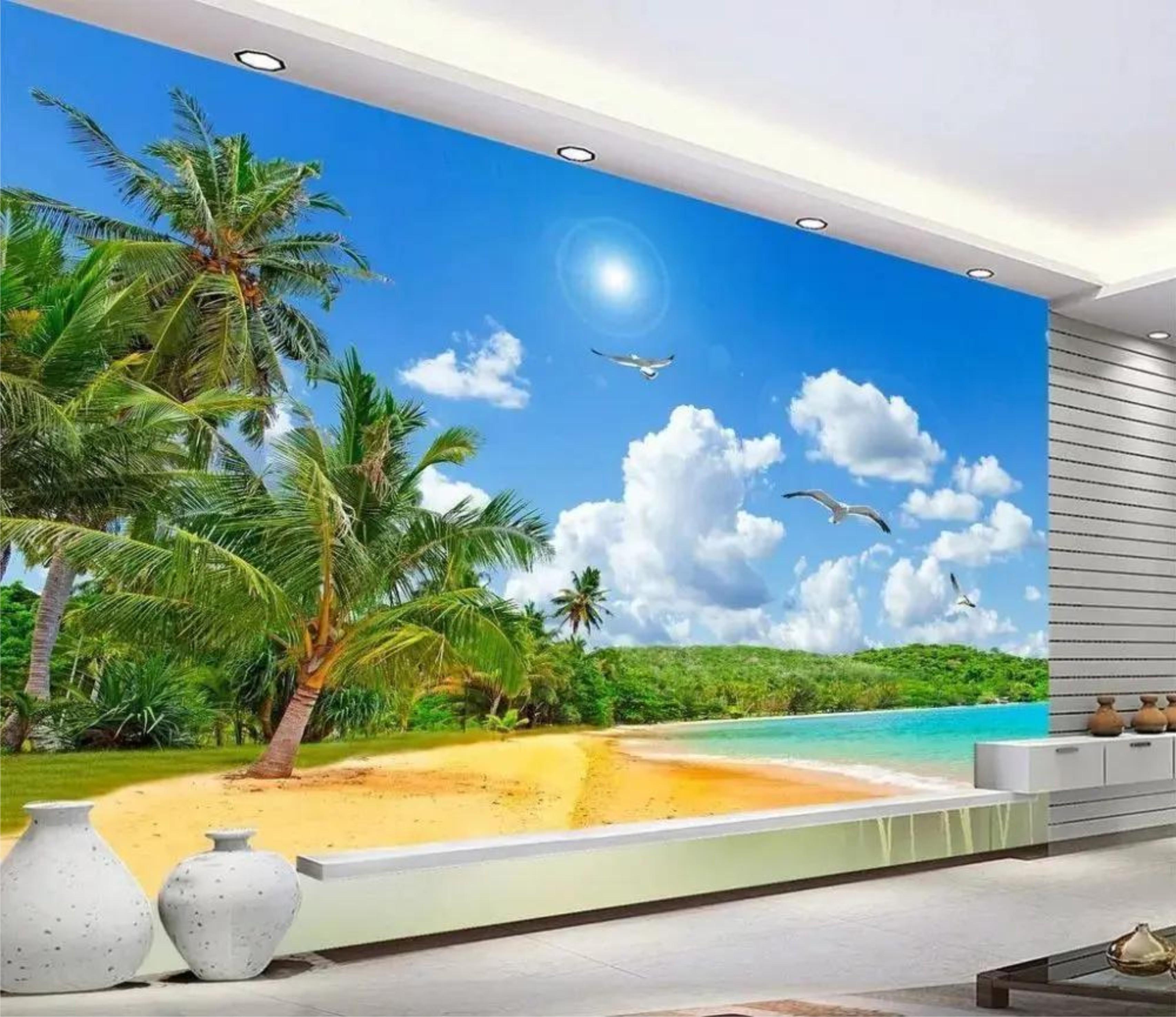 Фотообои Пляж с пальмами и водоемом Разноцветный (000411)