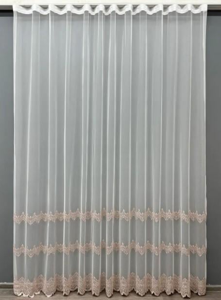 Тюль грек сетка с вышитым узором Молочный/Пудровый (1469т)