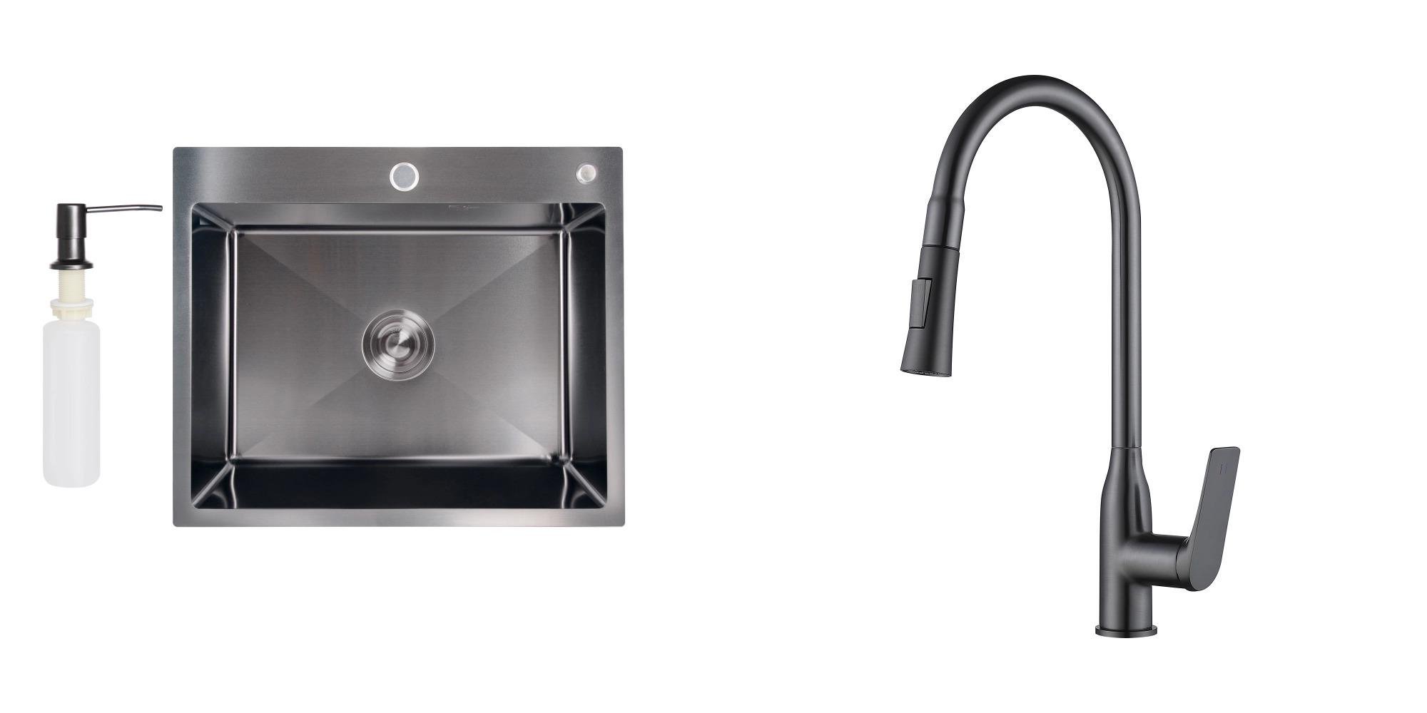 Мойка для кухни из нержавеющей стали Lidz MVP6050B со смесителем с вытяжной лейкой и дозатором для мыла Графит (27206353)