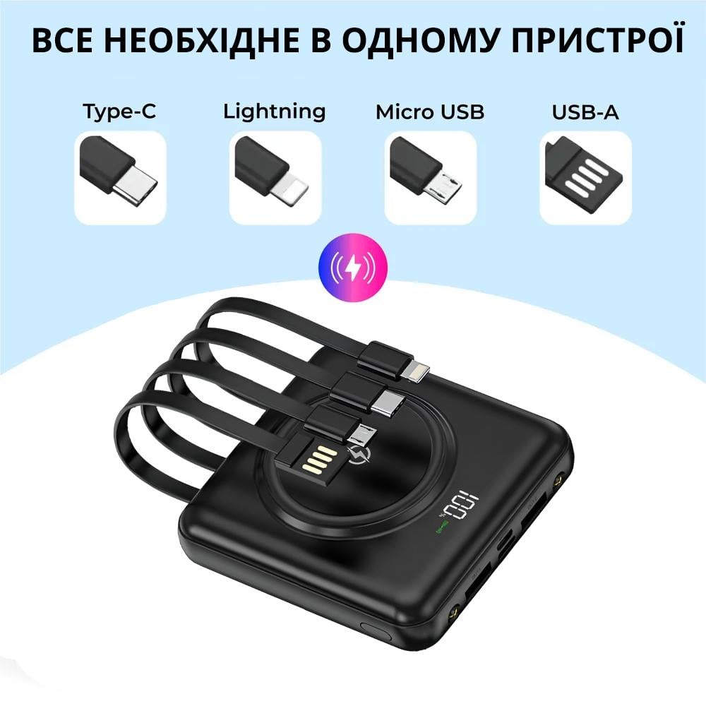 Аккумулятор портативный 6000 mAh Power Bank с беспроводной зарядкой на 2 USB выхода и 4 встроенных кабеля Черный - фото 3