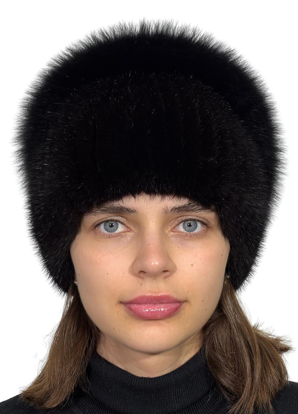 Женская вязаная норковая шапка Меховой стиль Калач натуральный мех XL-XXL Махагон (122/H)