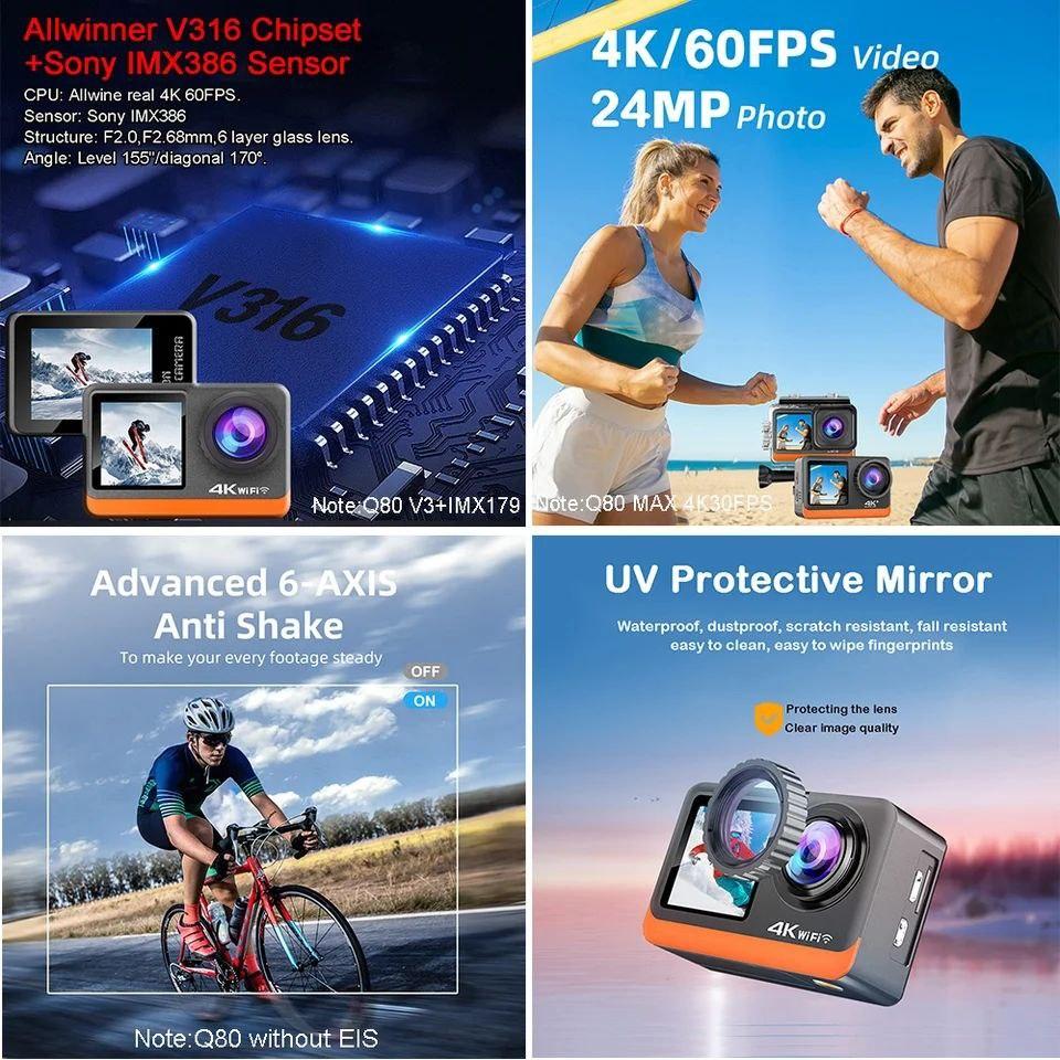 Экшн камера с двойным экраном и сенсором 4К 60fps с картой 64 Гб и кейсом (1928667018) - фото 8