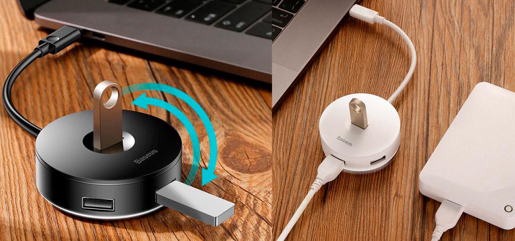 Хаб Baseus Round Box 4-Port USB-C 0,1 м Black (CAHUB-G01) - фото 6