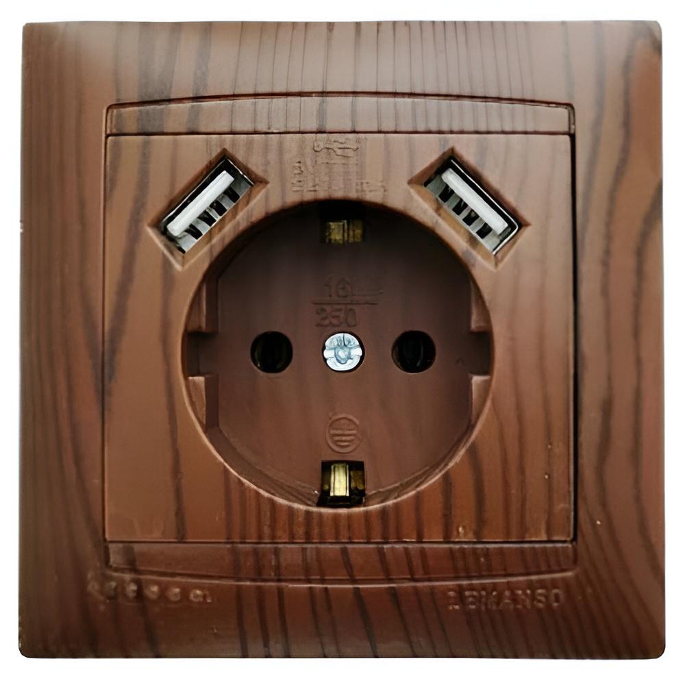 Розетка одинарная Lemanso Сакура с заземлением с 2 USB Вишня (LMR1531)