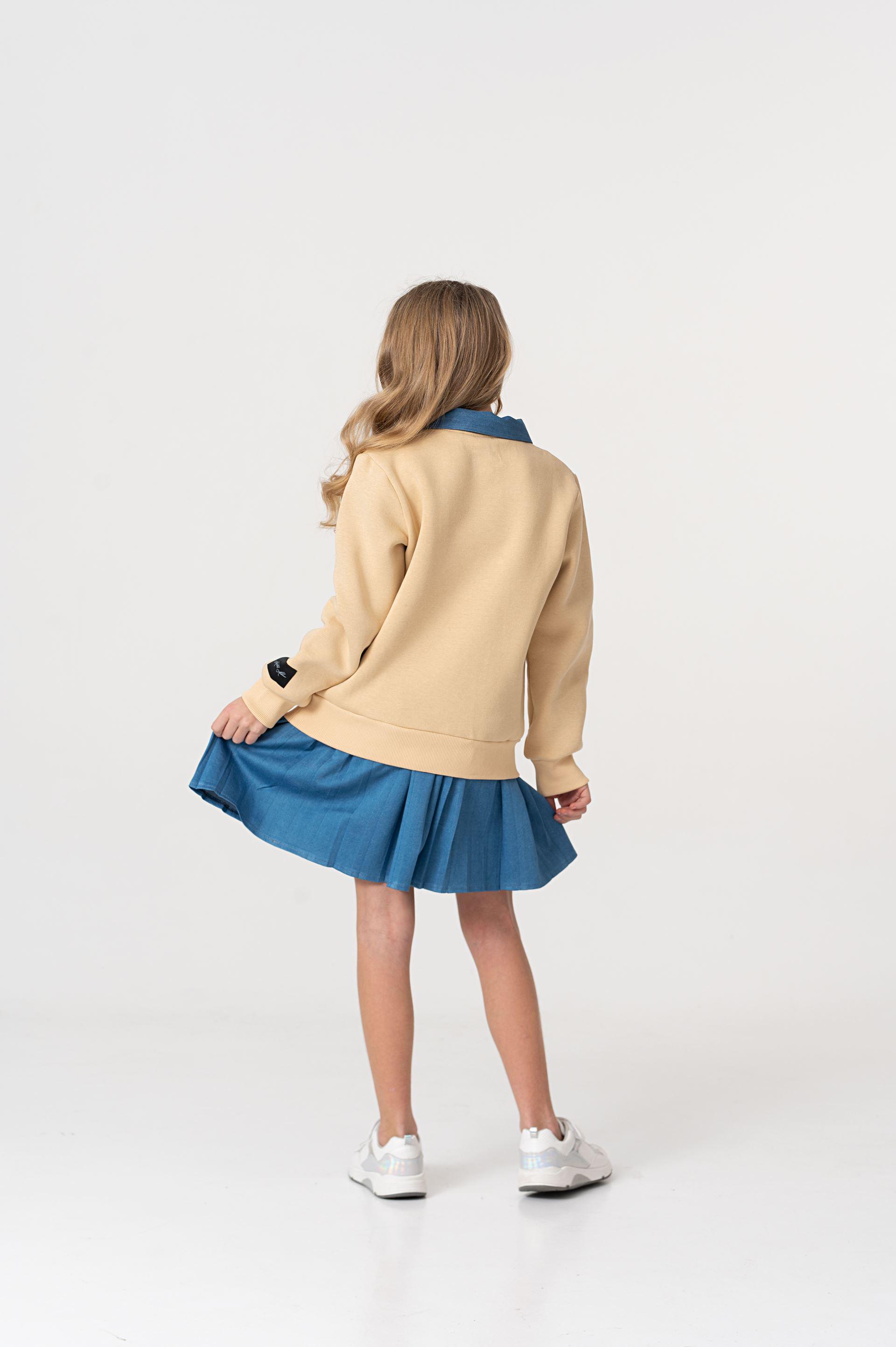 Костюм із світшотом на флісі та джинсовою спідницею Yumster YN.22.25.003 134 см Бежевий/Синій - фото 4