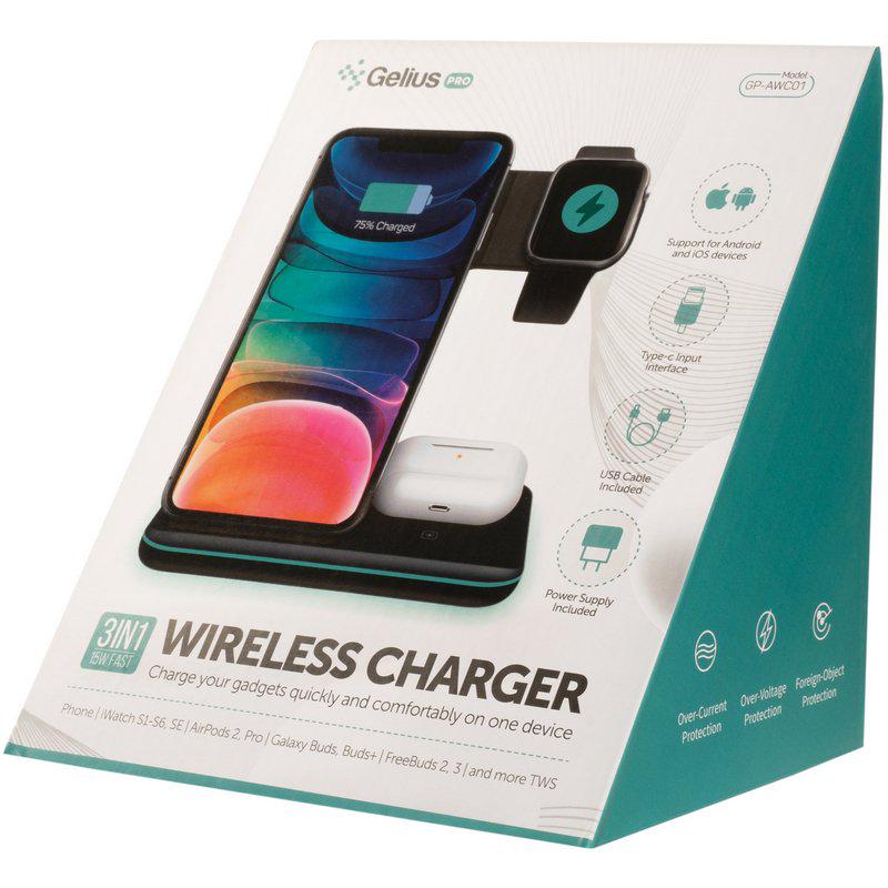 Зарядное устройство беспроводное Gelius Wireless Charger GP-AWC01 3в1 15W Black (58008) - фото 16