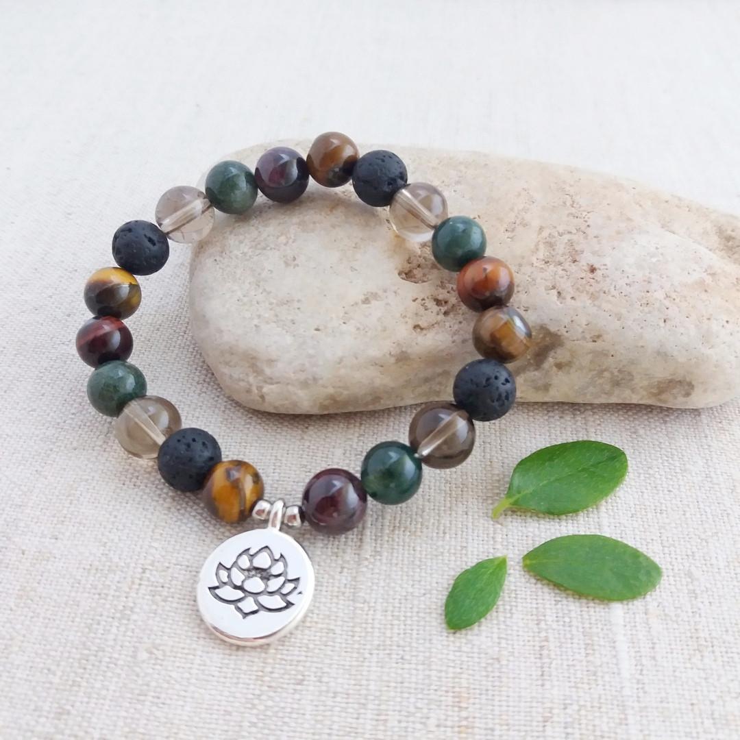Браслет из Тигрового/Бычьего глаза/Дымчатого кварца/Скамьи/Агата с подвеской Лотос d 8 мм (1522463588)