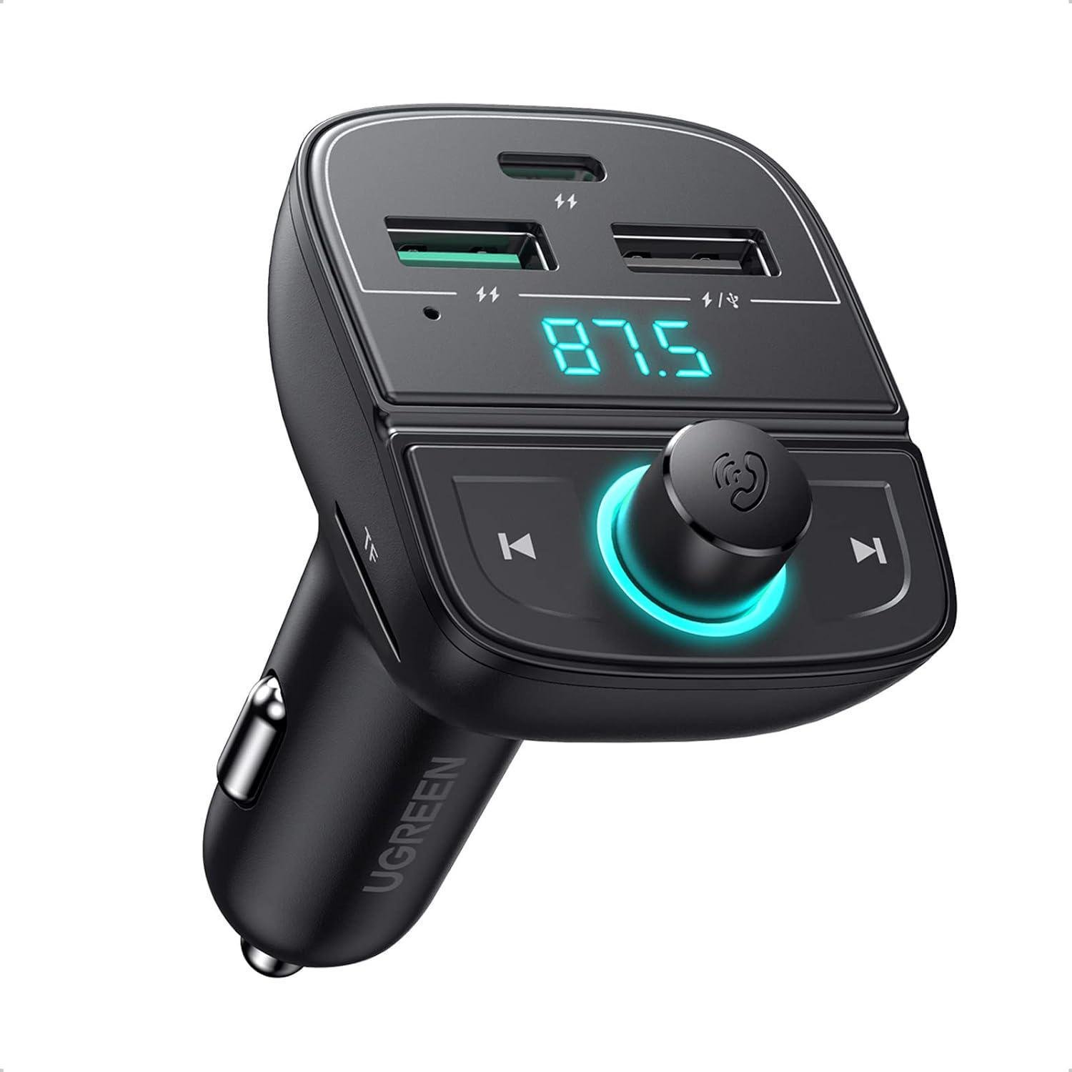 Адаптер UGREEN Bluetooth 5.0 FM-передатчик радио 2x Type-C/1x USB-A QC/PD 3.0 Hand-Free Черный (80910)
