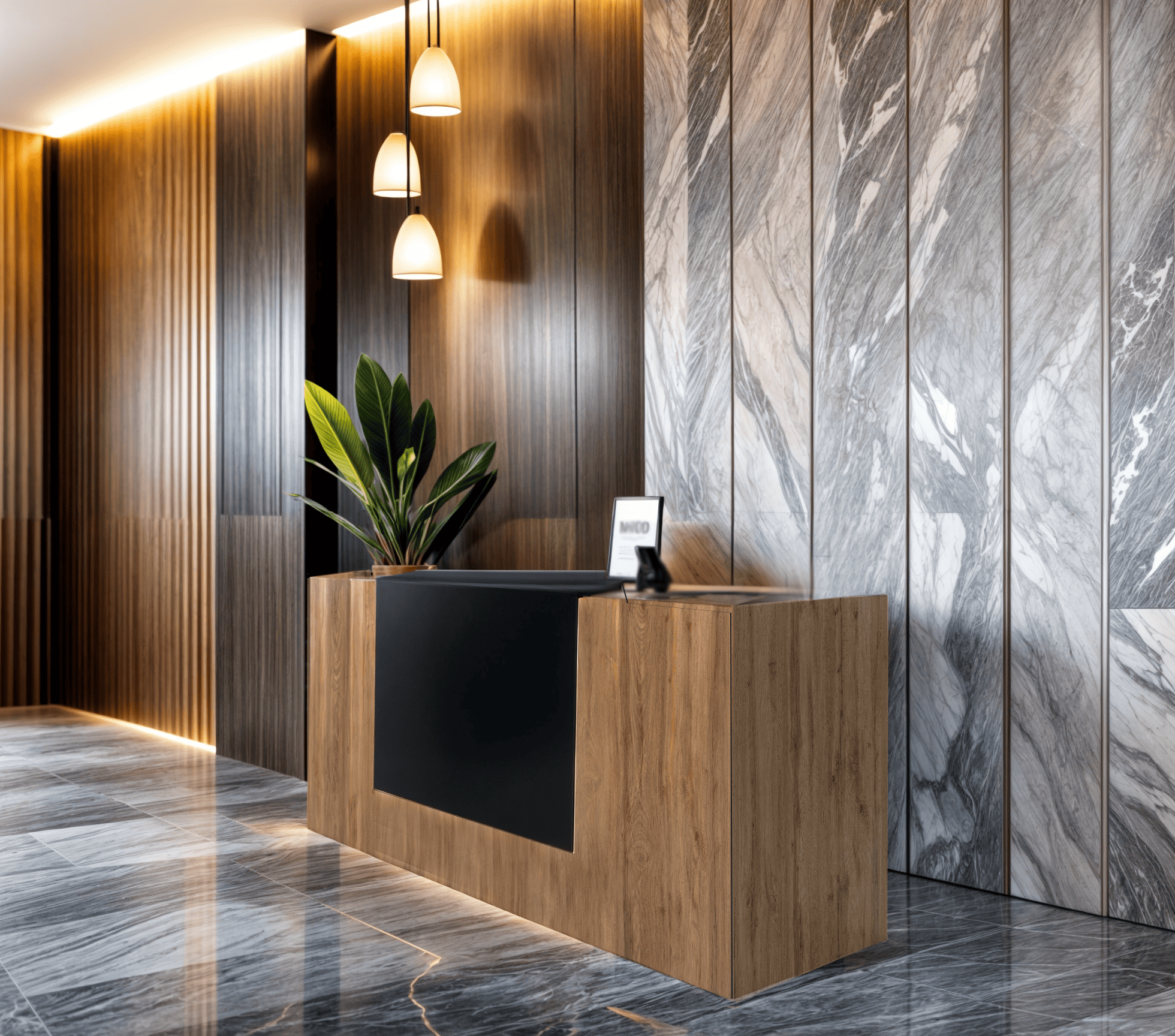 Стійка адміністратора Tobi Sho Ресепшн/1 для офісу/салону з підсвічуванням та ящиками/2000х800х1000 мм Дуб аппалачі/Чорний - фото 2 Стійка адміністратора Tobi Sho Ресепшн/1 для офісу/салону з підсвічуванням та ящиками/2000х800х1000 мм Дуб аппалачі/Чорний - фото 2