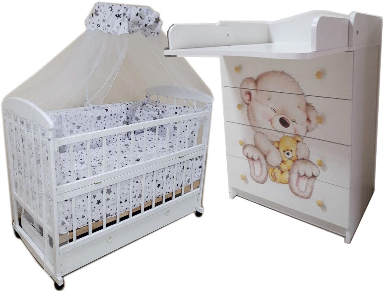 Комплект детской мебели Наталка комод/кровать/без ящика/матрас кокосовый/постельный набор 9 эл. Белый