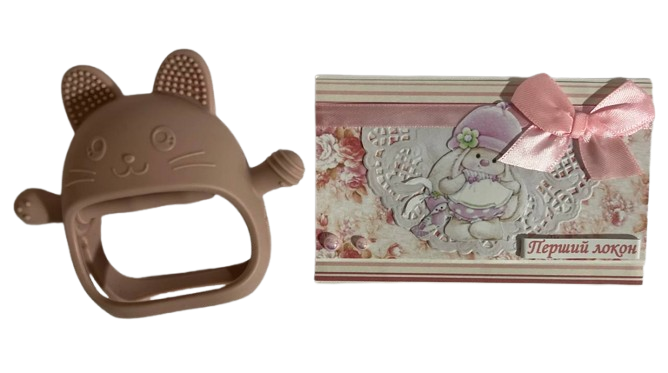 Набір листівка з відділенням Перший локон і гризунок для зубів на руку рукавичка Рожевий (1225)