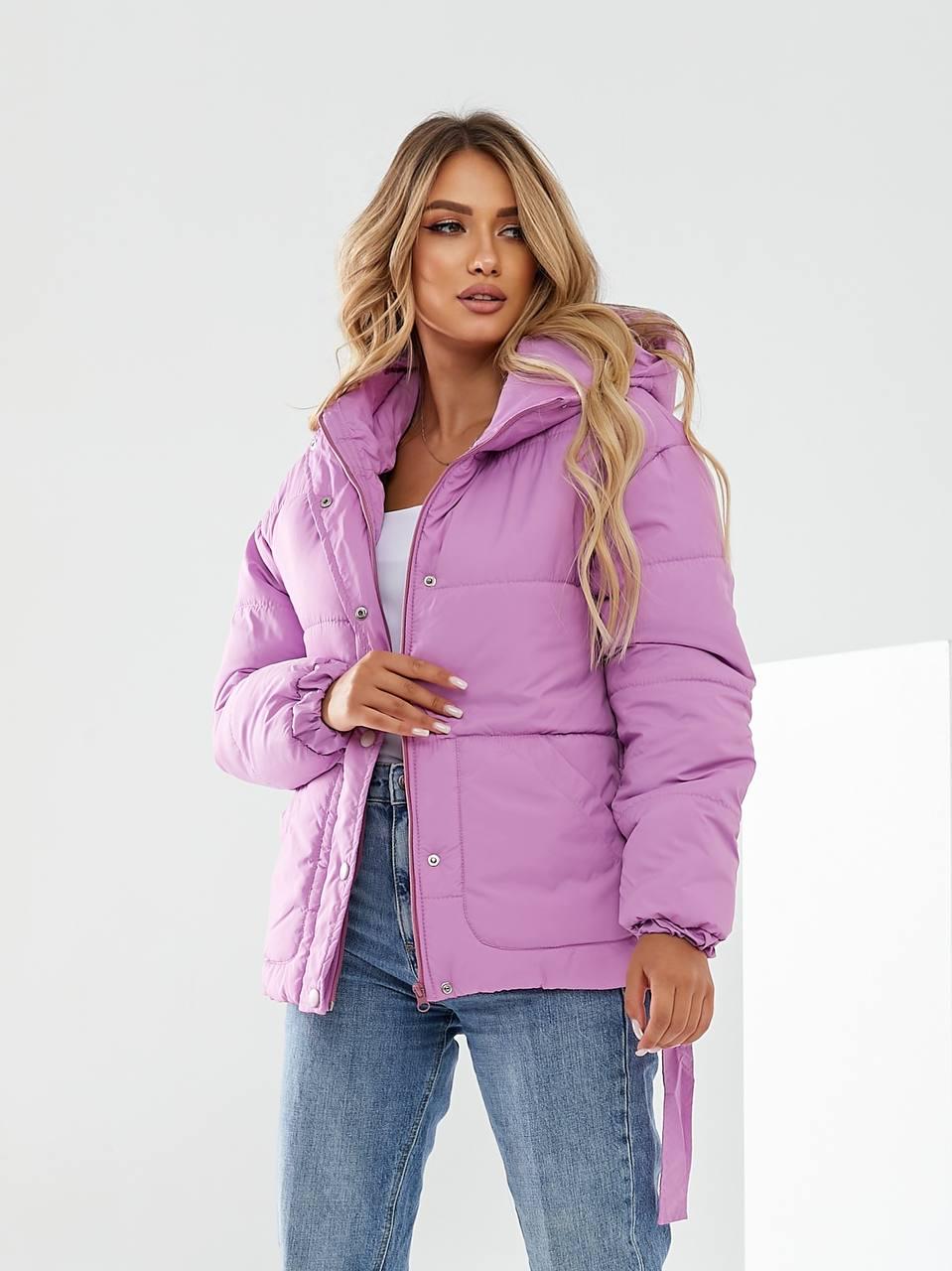 Куртка утеплена Khan коротка з поясом р. 42 Рожевий (Kh332) - фото 9