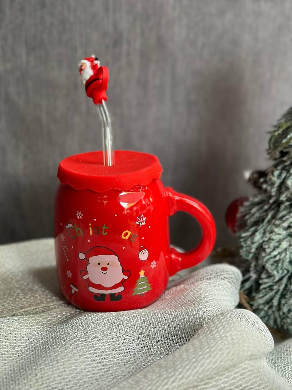 Чашка керамічна Olens 102-1082-1 Санта з кришкою і трубочкою 460 мл Червоний (2786124169) - фото 2