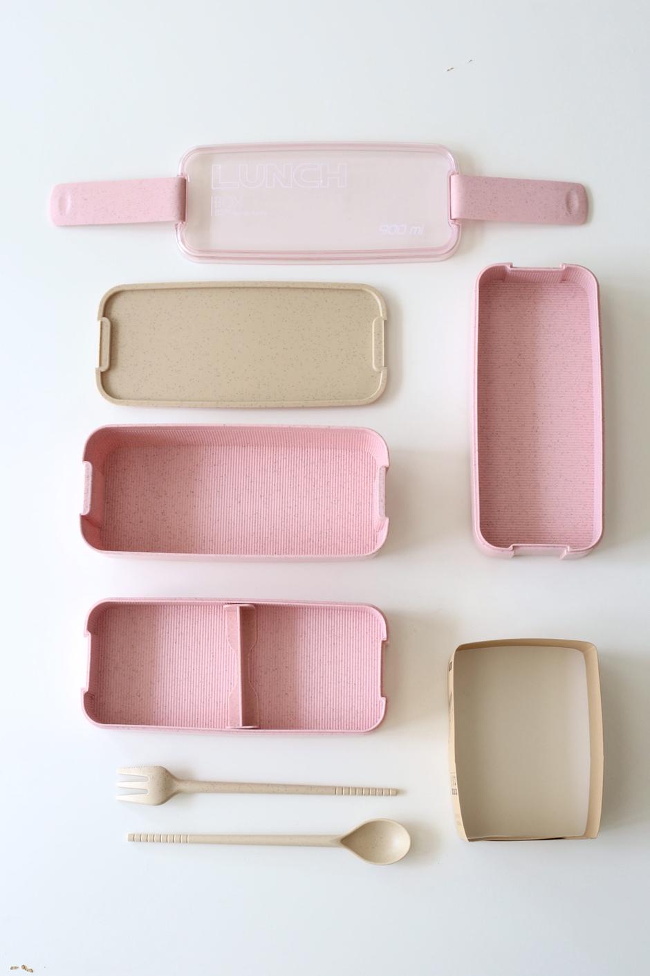 Ланч-бокс тройной с приборами 900 мл Розовый (00000010046) - фото 2