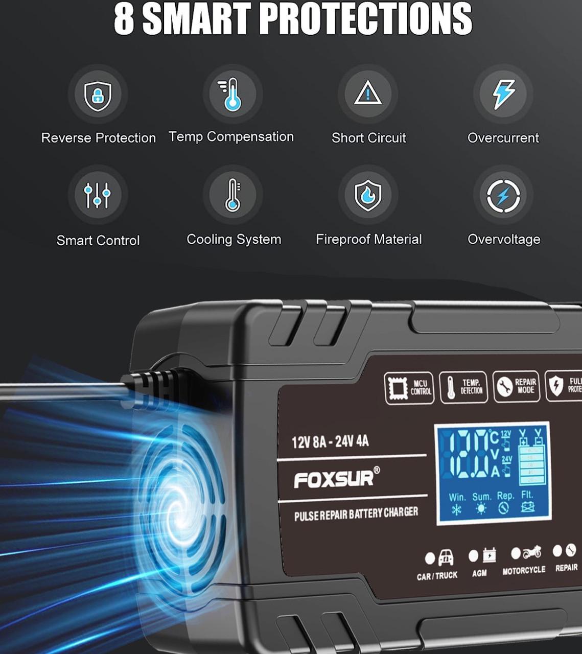 Зарядное устройство Foxsur 12V 8A/24V 4A для легковых и грузовых авто с функцией восстановления АКБ - фото 6