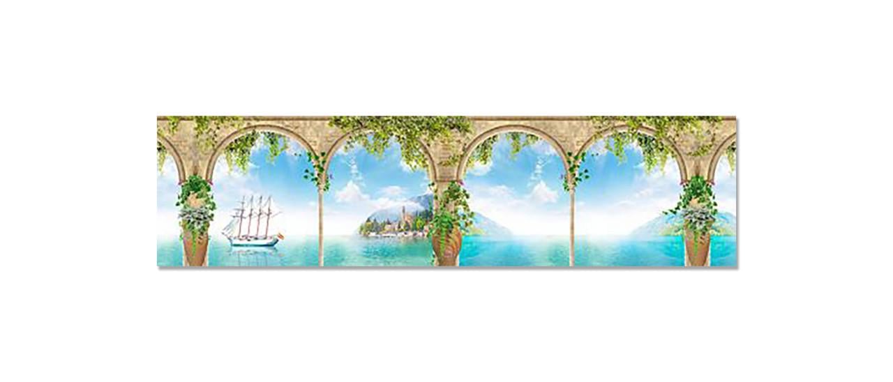 Кухонный фартук Арки вид на море из самоклеющейся виниловой пленки 65х250 см Голубой
