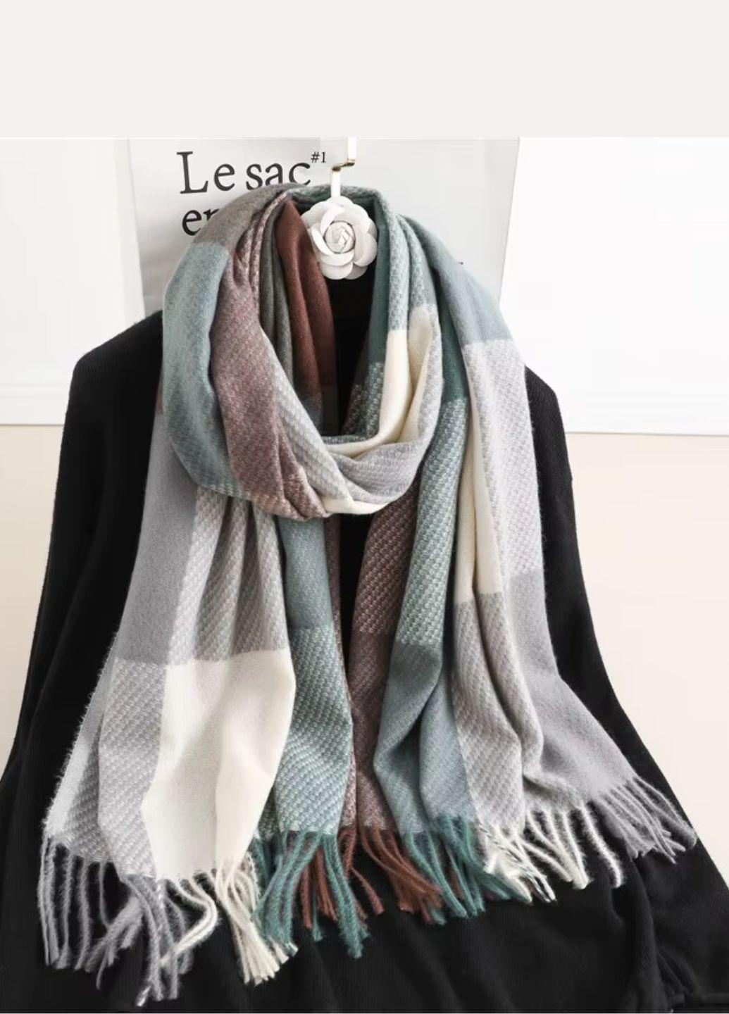 Шарф-палантин женский осень-зима-весна Клетка 182х67 см Зеленый/Коричневый (14011)